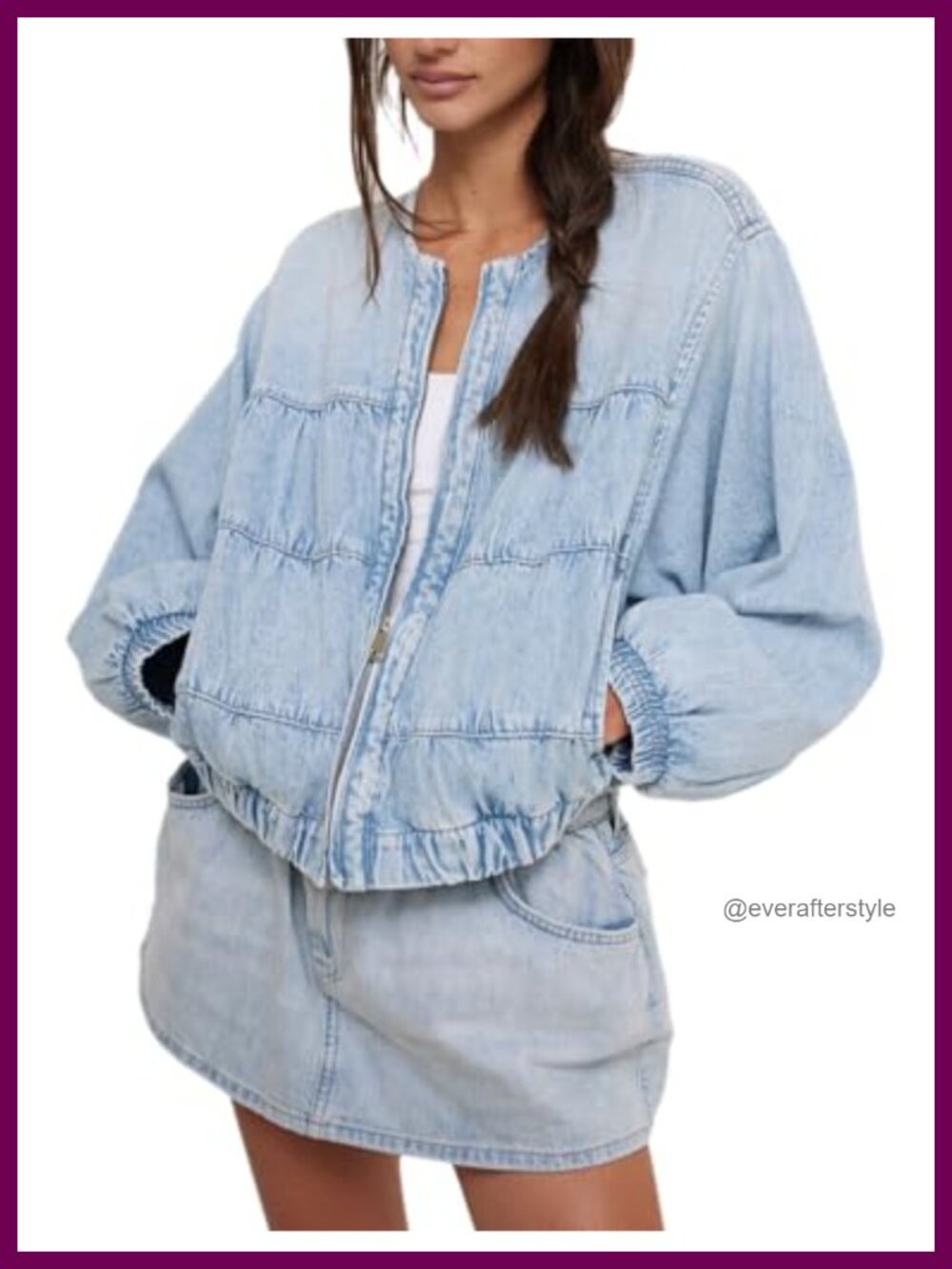 Washed Cotton Blend Denim Jacket, Cropped Ruched Zip Up, Loose Fit